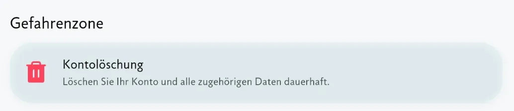 Die Karte „Kontolöschung“ unten auf der Seite Mein Konto