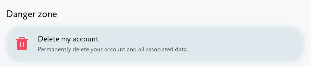 The “Delete my account” card at the bottom of the My Account page