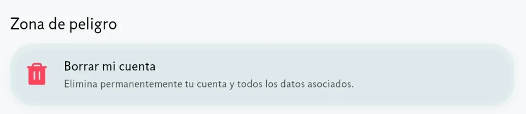 La tarjeta «Borrar mi cuenta», al final de la página Mi cuenta