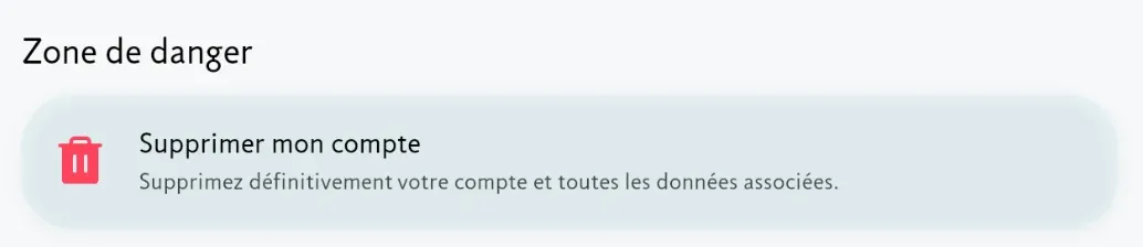 La carte « Supprimer mon compte », en bas de la page Mon compte