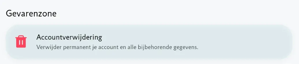 De kaart „Accountverwijdering” onderaan de pagina Mijn account