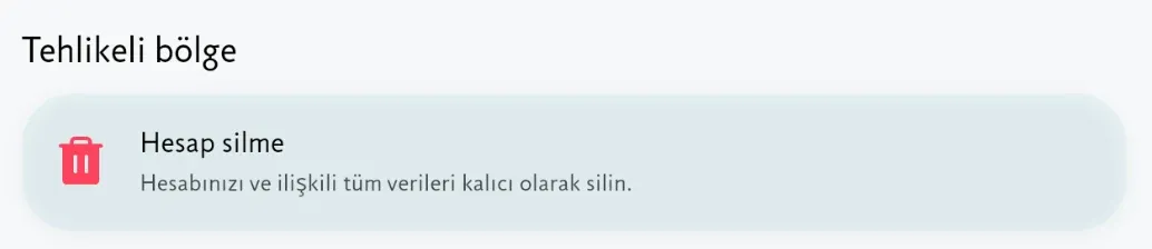 Hesabım sayfasının en altındaki «Hesap silme» kartı