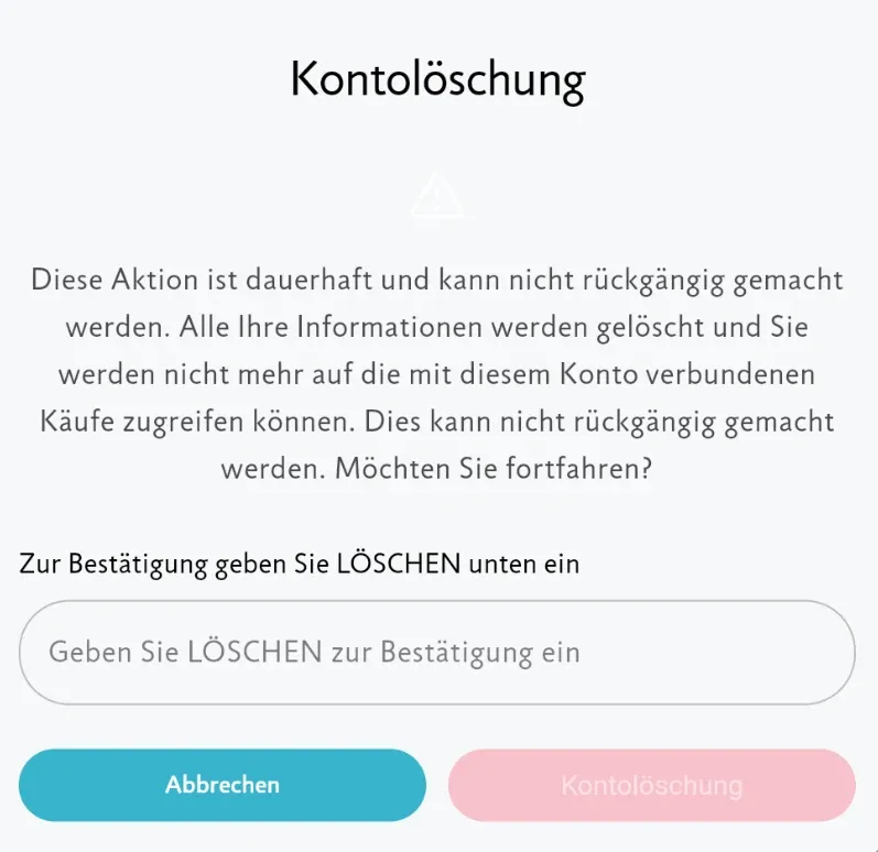 Das Bestätigungsfenster, das die Eingabe von LÖSCHEN verlangt