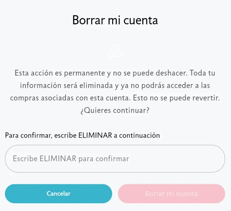 El cuadro de confirmación que pide escribir la palabra ELIMINAR