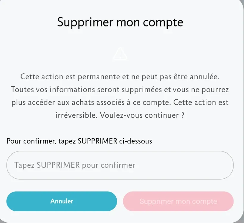 La boîte de confirmation demandant de taper le mot SUPPRIMER