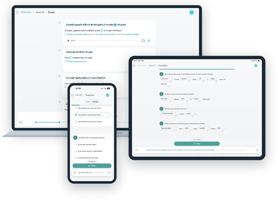 L’application Assimil sur un ordinateur portable, une tablette et un téléphone